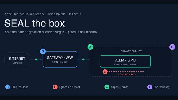 SEAL the box: internet traffic reaches a self-hosted vLLM engine only through an authenticating gateway on a private subnet, with outbound egress denied.